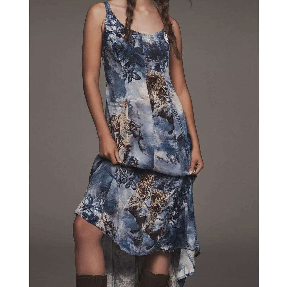 Anthropologie Pilcro denim floral cherub statue print scoop neck midi dress S